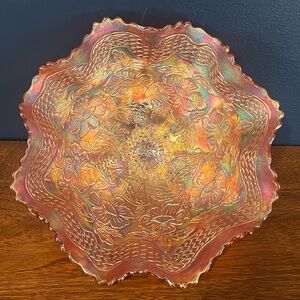 Early 1900s Fenton Marigold Carnival Glass Lotus Ruffled Edge Footed Bowl 11"